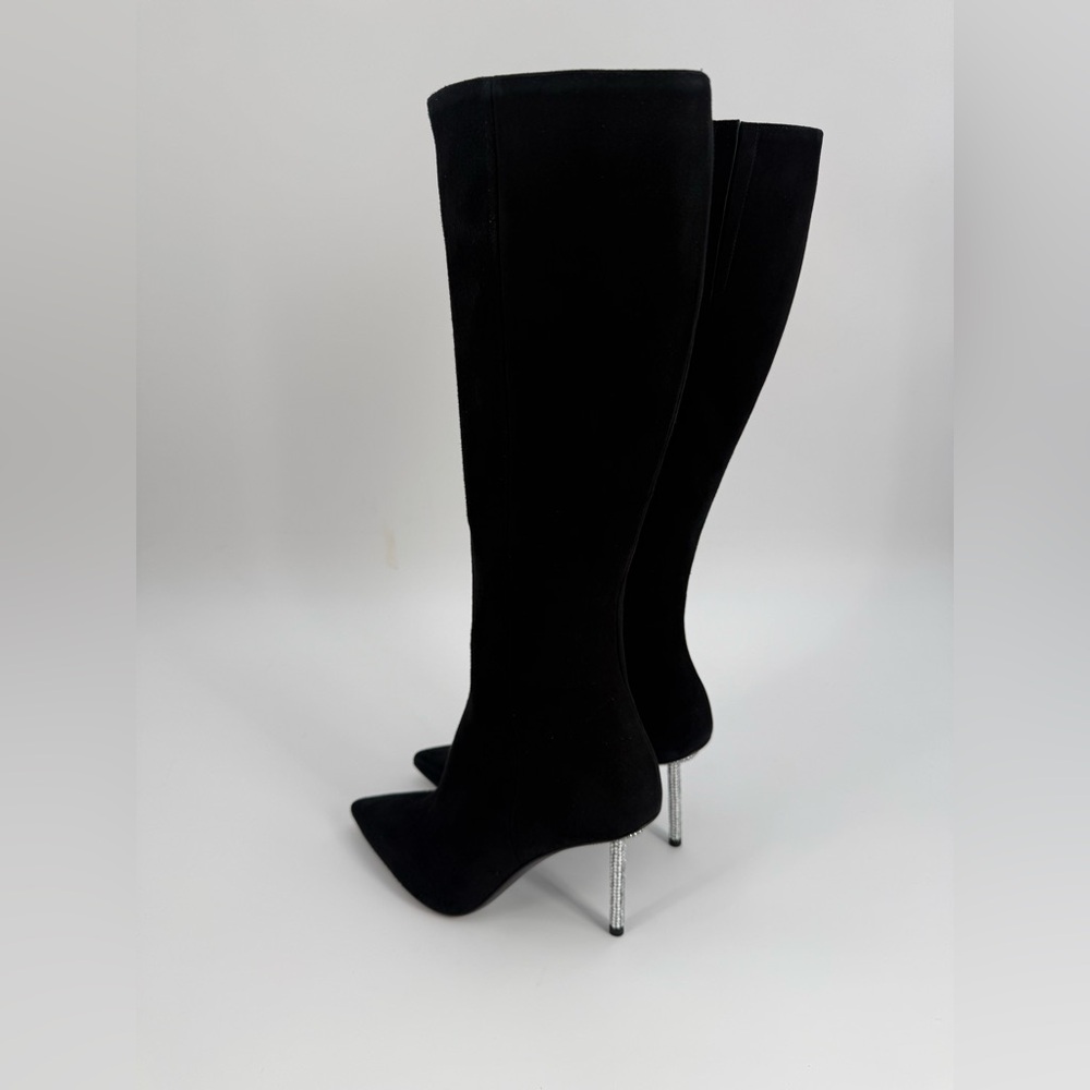 Diane B. Sophisticated Black Suede Knee-High Stiletto Boots with Rhinestone Heel - Picture 12 of 16